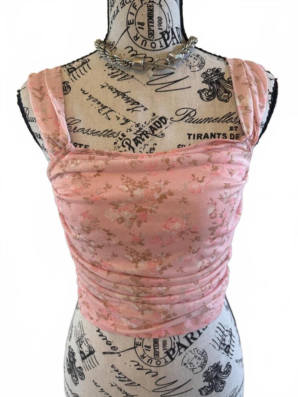 Pink Floral Mesh Ruched Crop Top Size Small Coquette Y2K